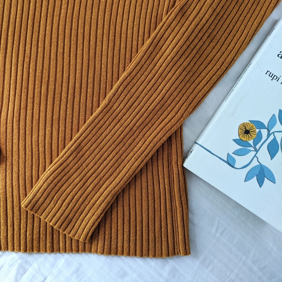 fine ribbed stretch turtleneck in mustard yellow - Picture 5 of 10